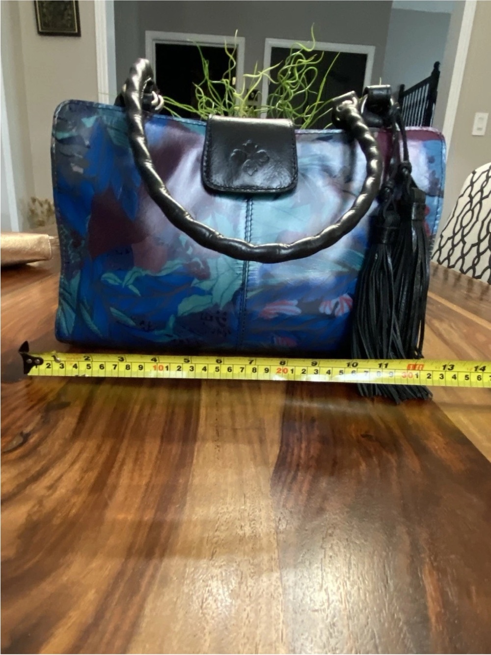 Patricia Nash floral leather tote handbag Blue leather tassel Italian 🇮🇹🇮🇹🇮🇹🇮🇹